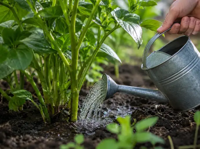 Main arrosant des plants verts en pleine croissance